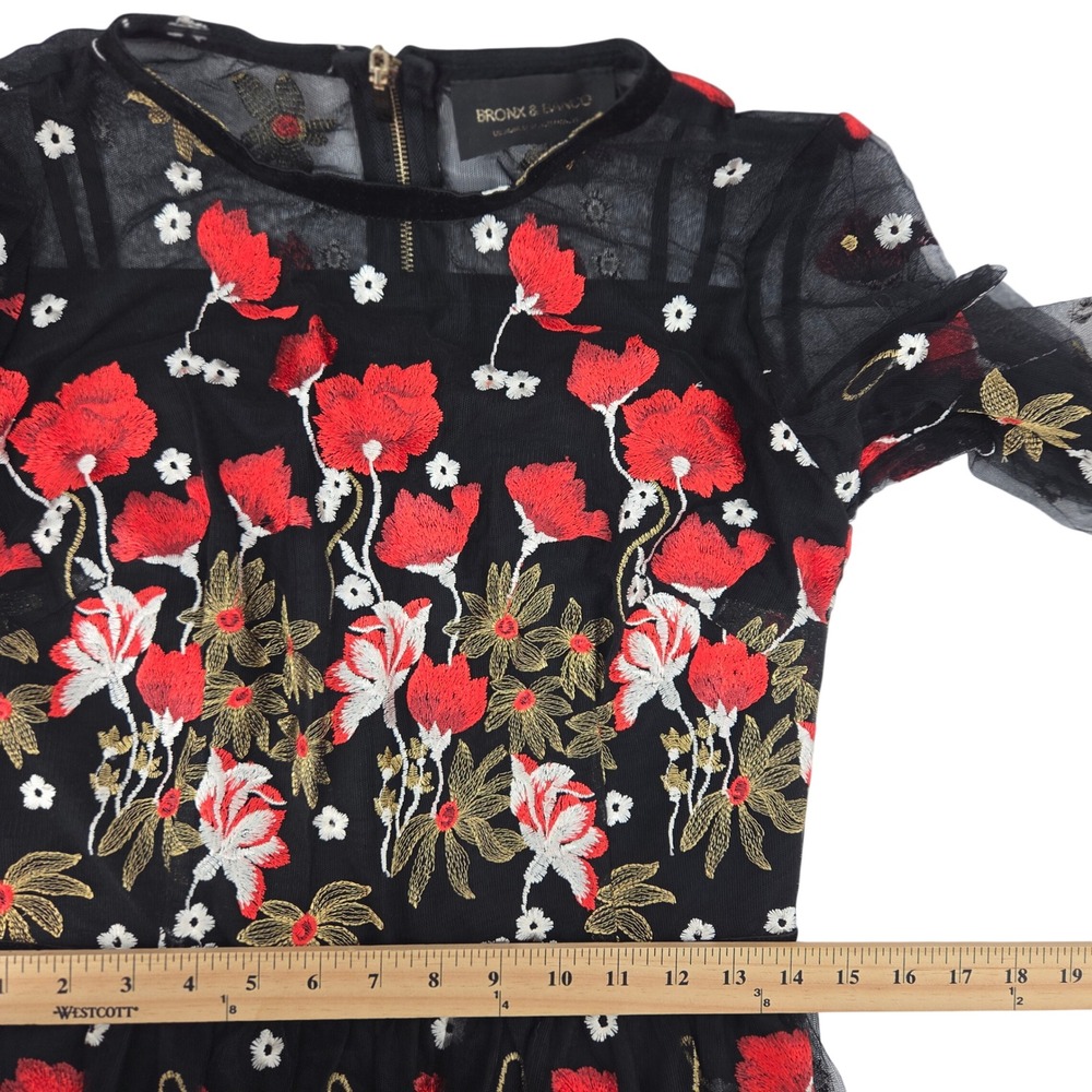 Bronx & Banco Mini Dress M Black Red Floral Embroidered Mesh Whimsigoth Cocktail - Picture 6 of 16
